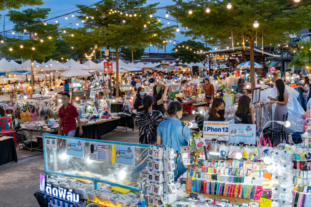 Locals and tourists come to shop at Chillva Market, a night walking street in Phuket, Thailand